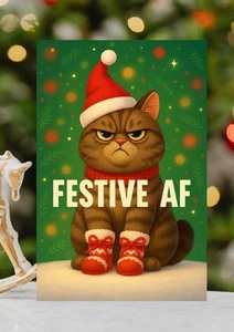 Festive Cat Christmas Card  - Moody Cat Funny Festive Xmas Card - Picture 1 of 2