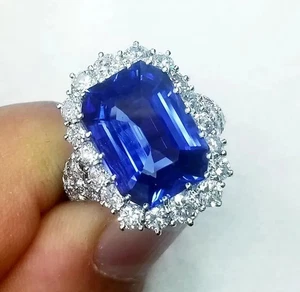 9.39 Ct Natural Blue Sapphire Diamond Engagement Solid 18K White Gold Ring - Picture 1 of 11