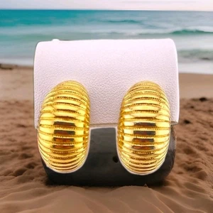 Vintage Monet Ribbed Gold Tone Half Hoop Earrings Clip On Signed - Picture 1 of 6