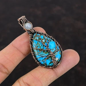 Copper Copper Blue Turquoise Gemstone Rainbow Moonstone Art Deco Pendant Jewelry - Picture 1 of 6