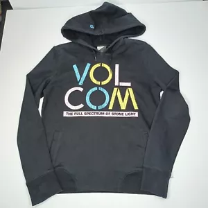 Volcom Hoodie Womens Size 10 Black Graphic Print Big Logo Hooded Sweater - Picture 1 of 14