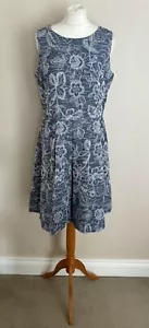 Kew 159 Jigsaw Navy Blue White Grey Stripe Floral Fit & Flare Dress Size 14 VGC - Picture 1 of 8