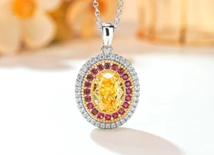 3ct Oval Yellow Pendant 18K, Crushed Ice Lab Grown Diamond Necklace - Picture 1 of 8