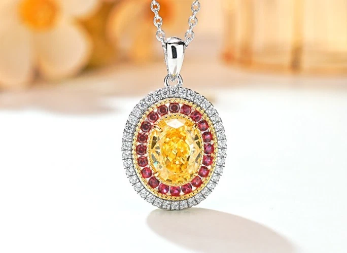3ct Oval Yellow Pendant 18K, Crushed Ice Lab Grown Diamond Necklace - Image 1 of 4
