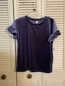 NEW OLD NAVY Womens Ruffle Short Sleeve Blue Glitter Velvet Blouse Top Shirt XS - Picture 1 of 4