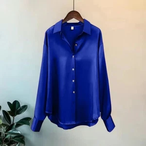 Ladies Casual Satin Silk Solid Shirt Baggy Button-up OL Work Blouse Womens Tops - Picture 1 of 33