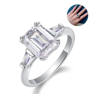 3CT Emerald Cut Moissanite 3 Stone Engagement Ring Band 925 Sterling Silver GRA - Picture 1 of 19