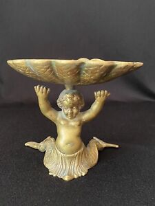 Vtg Brass Patina Double Tailed Mermaid Cherub & Seashell Soap Dish Trinket Bowl