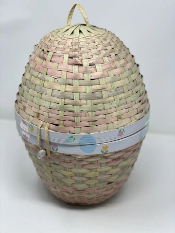 Vintage 13.5" x 9" round EASTER EGG 2-piece Basket, faded pastel, hanging loop Cover