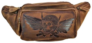 Echt Leder Gürteltasche Bauchtasche Skull Totenkopf Fly Braun - Gotik Punk - Bild 1 von 3
