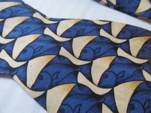 M.C. Escher Silk Bow Tie Blue Fish Tessalation Beau Ties Vermont Self-Tie - Picture 1 of 10