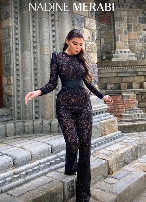 Mono Nadine Merabi Bella Negro Lentejuelas Floral Encaje Acampanado Pierna Talla XL Foto 1 de 3