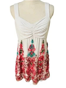 Boston Proper Embroidered Baby Doll Tank Top White Multi Ruched Bust Boho Large - Picture 1 of 12