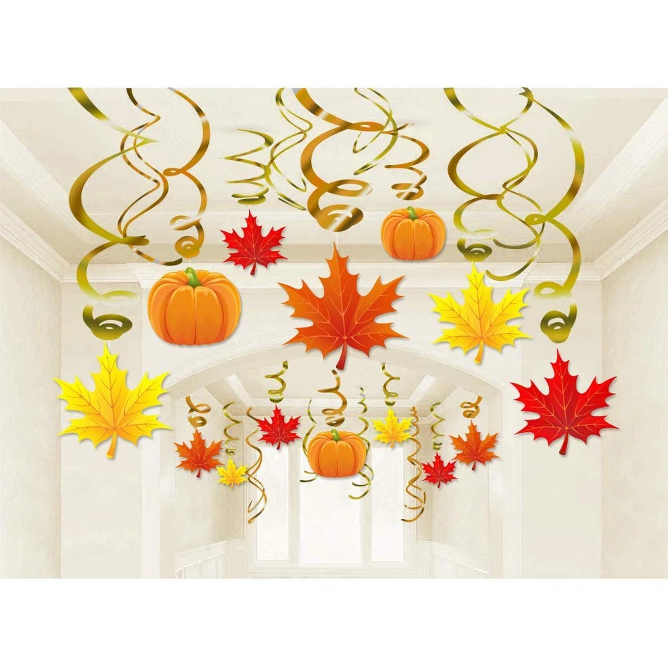 36 Count Thanksgiving Swirl Hanging Decorations Autumn Pumpkin Maple Leaf Hangi