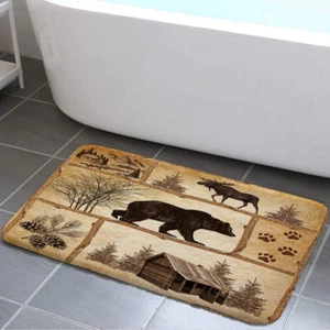 Rustic Cabin Bath Rug Set, Antique Bear Moose Forest Decor, 17X29 Inch - Picture 1 of 12