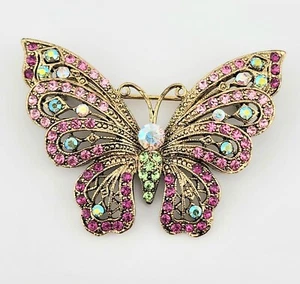Kirks Folly Farbtöne Pink & AB Kristall Strass Schmetterling Brosche Pin Goldton - Bild 1 von 7