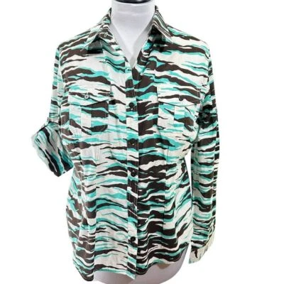 Jones New York Sport Womens SZ XL Animal Print Button Down Blue Brown Cotton - Image 1 of 4