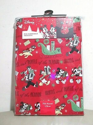 New- Disney Mickey Mouse Christmas PEVA FLANNEL BACK Tablecloth (70in Round)  - Image 1 of 4