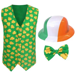 ST PATRICKS IRISH 3 PIECE COSTUME SET WAISTCOAT BOW TIE HAT ADULTS FANCY DRESS - Picture 1 of 12