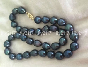 10-12 mm Natürliche Schwarz Grün Tahiti Barock Perle Perlen Halskette 18 Zoll 14K Verschluss - Bild 1 von 3
