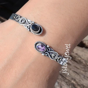 Black Onyx, Amethyst Cut Gemstone Bangle 925 Sterling Silver Best Jewelry Cuff - Picture 1 of 5