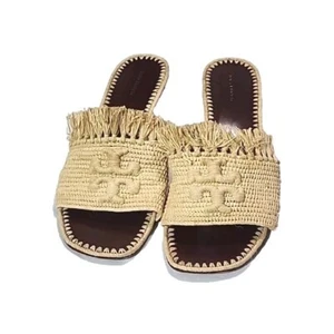 TORY BURCH Shoe SZ 10 Eleanor Large Logo Woven Fringe Slide in Raffia Size 10m - Picture 1 of 9