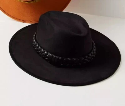FREE PEOPLE x ASN Melrose Rancher Hat BLACK SUEDE W/ BRAIDED LEATHER BAND, SMALL - Image 1 of 4