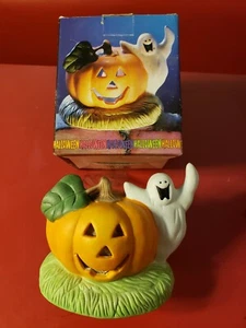 Kürbis & Geist handbemalter Porzellan Halloween Kerzenhalter & Teelicht Kerze - Bild 1 von 2