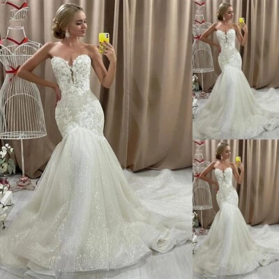 Sexy Mermaid Wedding Dresses Strapless Glitter Lace Sweep Train Bridal Gowns - Image 1 of 4