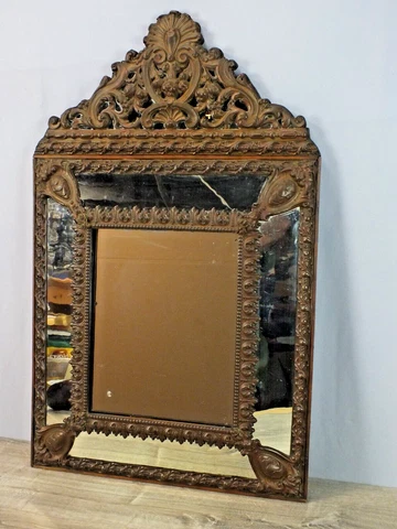 Antique Cushion Mirror Repousse Brass on Wood Bridal Mirror Napoleon III Style Cover