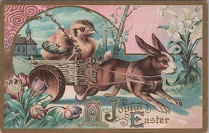 Postal Pascua Bebé Pollito en Carro Conejo Bonitos Colores Pastel 1911 ¡Tan Lindo!! - Imagen 1 de 2