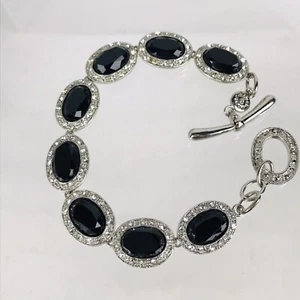 Vintage Monet Link Bracelet Faceted Black Stones Oval Crystal Halos Signed 7in - Picture 1 of 7