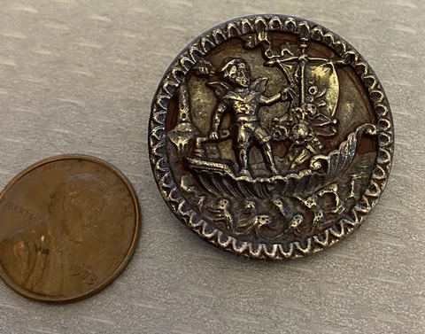 Antique Sailor Boy Cherub Cupid Picture Button Silver Metal EINGETRAGEN 1.25" Cover
