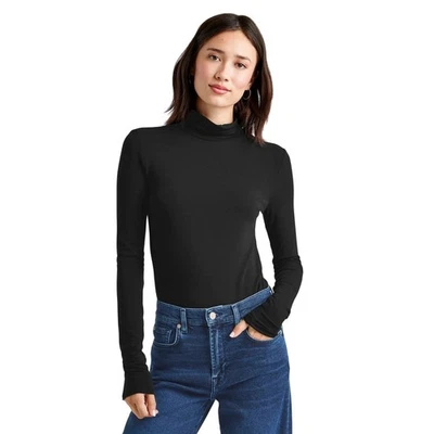 Espléndida Camiseta Top Mujer Pequeña Negra Bambú Jersey Cuello Alto Manga Larga I24-25 Foto 1 de 4