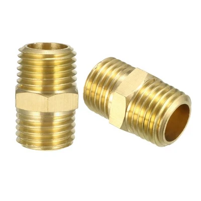 Laiton Tuyau Raccord , Hex Mamelon , 1/4" NPT x 1/4" NPT Mâle Tuyau 2pcs - Photo 1/3