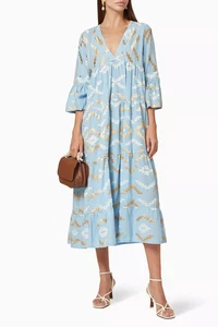 GREEK ARCHAIC KORI COTTON EMBROIDERED EMPIRE WAIST FLARE MIDI DRESS-M - Picture 1 of 13