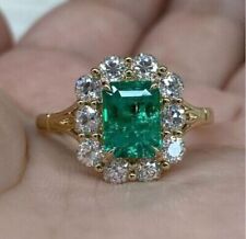 Anel feminino eduardiano folheado a ouro amarelo 14K com diamantes halo esmeralda verde 4,50 quilates