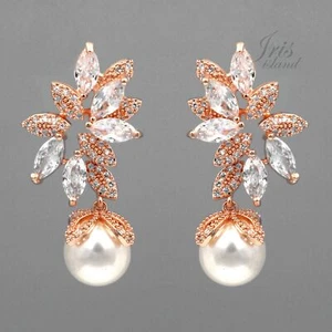 Pearl CZ Cubic Zirconia Wedding Drop Dangle Stud Earrings Flower Rose Gold 09408 - Picture 1 of 4