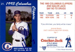 Mike Humphreys Signed 1991 Cracker Jack Columbus Clippers Police #NNO Card
