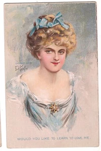Blue Woman LEARN TO LOVE ME E H Kiefer Artist Signed Postcard DB Bamforth 1908 - Picture 1 of 2