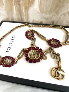 Gucci Auth Box One Size Adjustable Gold Tone Chain Magenta Ruby Crystals GG Belt - Picture 1 of 4