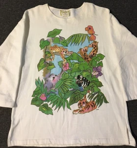 Vintage 90s Animal Art Sweatshirt L USA Wildlife Flower Tiger Jungle Vaporwave 80s - Bild 1 von 10
