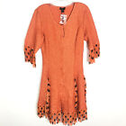 Jerry T Neu ohne Etikett Vintage Damen dehnbar orange Knopfkleid Fransen Tupfen Medium