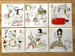 Set of 6 charming Simonetta stylised art prints, cartoons, French-style, 1950s? - Picture 1 of 3