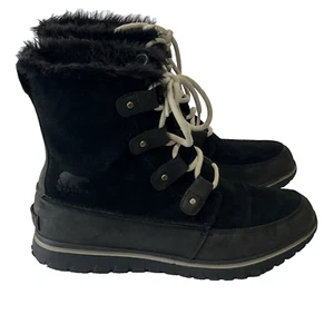 Sorel Cozy Joan Boots Sz 9 Womens Black Suede Winter Waterproof Ankle Fur Trim - Picture 1 of 17