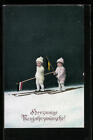 Ansichtskarte Zwei Jungen mit Fahnen fahren Ski, Neujahrsgruß 1915 