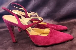 Salvatore Ferragamo Slingback Dark Plum Suede Leather Sz 8.5 B Heels Shoes Italy - Picture 1 of 10