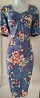 Womens Joe Browns Blue Red Floral Ruched Puff Sleeve Stretch Pencil Dress 12 New