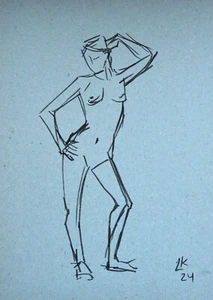 Stehender Akt Tuschezeichnung - 12x8 weibliche Figur Kunst auf blauem Papier - Bild 1 von 4
