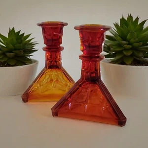 Vintage Set of 2 Indiana Glass Tiara Amberina Sunset Constellation Candleholders - Picture 1 of 10